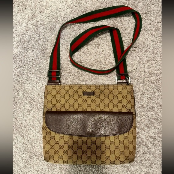 Gucci Handbags - Gucci Beige and Brown Logo Crossbody Bag with Red and Green strap 256100